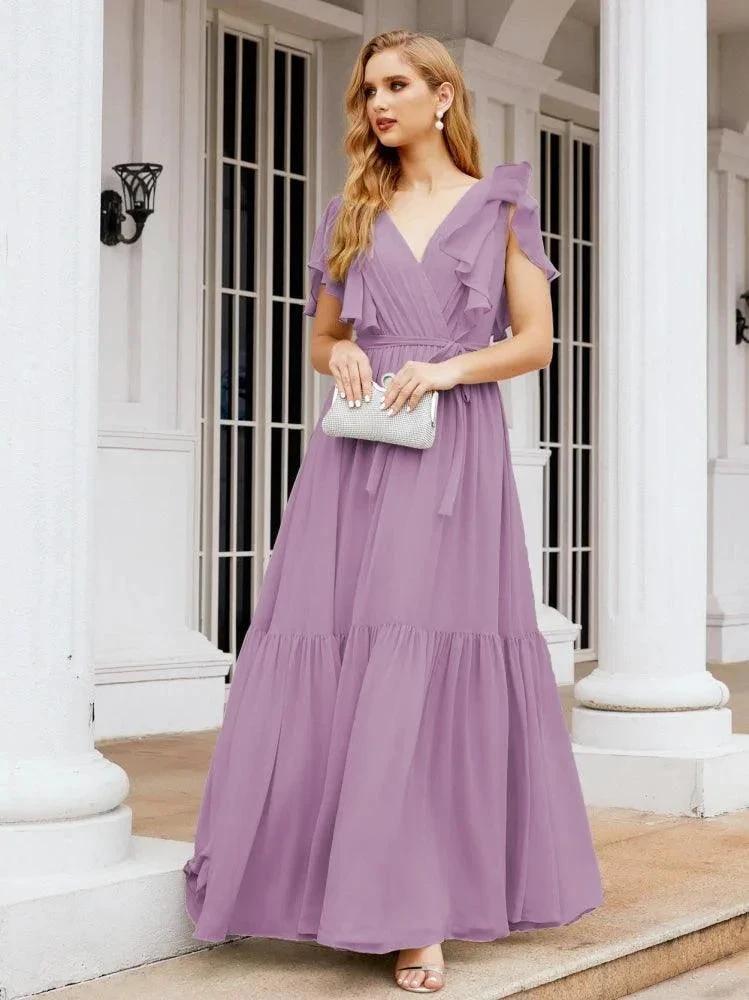 Numbersea Women's Open Back Formal Evening Party Prom Gowns V-Neck Long Chiffon Bridesmaid Dresses with Waist Belt 28038