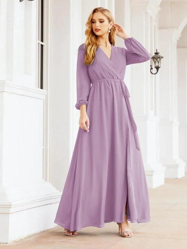 Sunnderly Women's Chiffon Bridesmaid Dress A line Long Sleeves Formal Evening Prom Gown for Wedding Guest SY28032