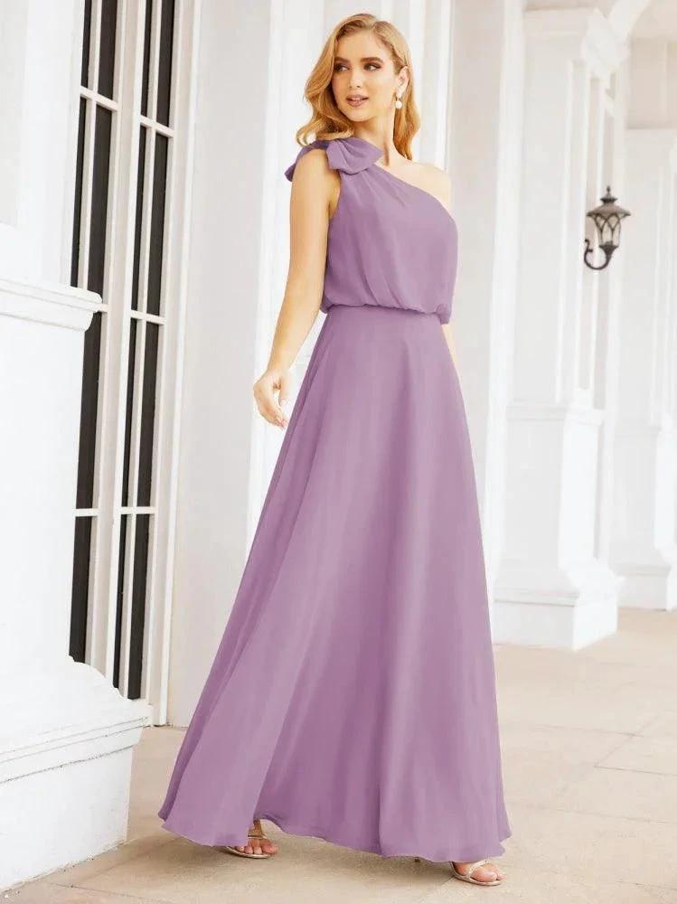 Numbersea Chiffon Ruffled One Shoulder Sleeveless Long Bride Dresses A-line Formal Evening Gown Side Split 28057