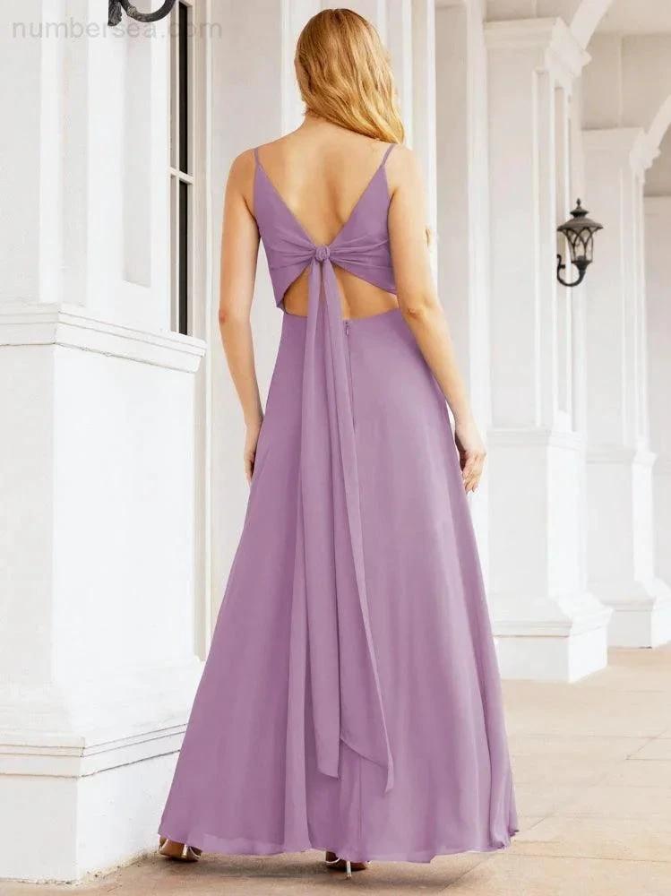 Numbersea Spaghetti Strap Bridesmaid Dresses V Neck Butterfly Back Fromal Evening Party Prom Gown 28036