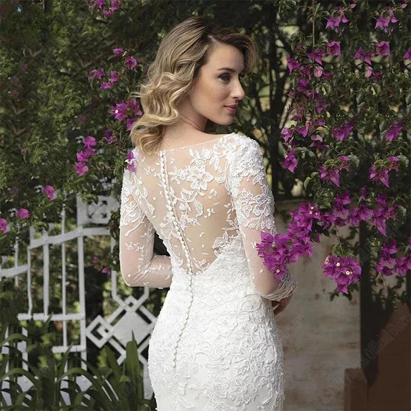 V Neck Wedding Dresses Mermaid Appliques Long Sleeves Bridal Dress Vestidos De Noiva Mariage Custom Made Vintage