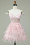 Pink Off The Shoulder Corset Homecoming Dress With Lace Y2471