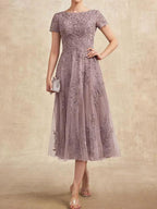 A-line Scoop Tea-Length Tulle Lace Mother of the Bride Dress