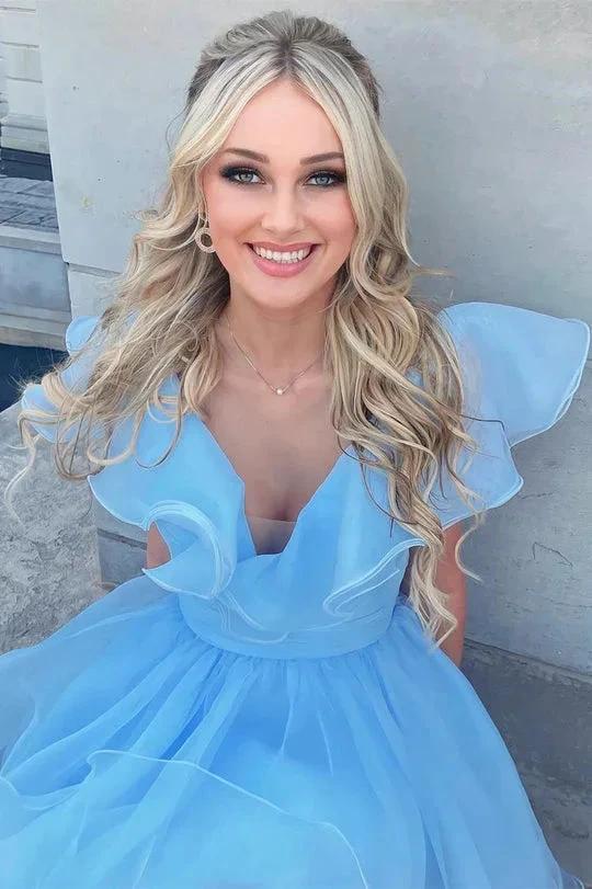 A Line V Neck Organza Ruffles Homecoming Dress