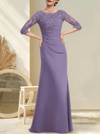 A-line Scoop Floor-Length Chiffon Lace Mother of the Bride Dress With Beading Pleated Sequins
