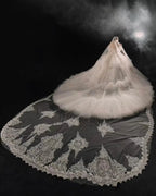 Opulent Off-the-Shoulder Ball Gown Tulle Puff Sleeve Beaded Lace Wedding Dress with Layered Ruffled Train & Choker Q6001