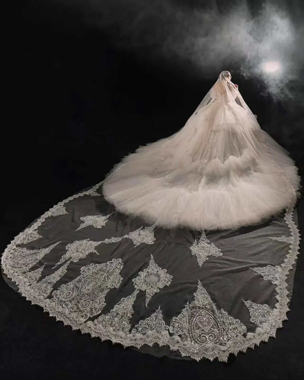 Opulent Off-the-Shoulder Ball Gown Tulle Puff Sleeve Beaded Lace Wedding Dress with Layered Ruffled Train & Choker Q6001