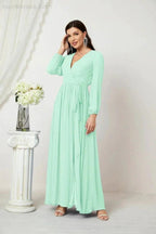 Sunnderly Evening Dresses Deep V-Neck Chiffon Bridesmaid Dresses Long Bishop Sleeve Side Split Formal Dress SY2806