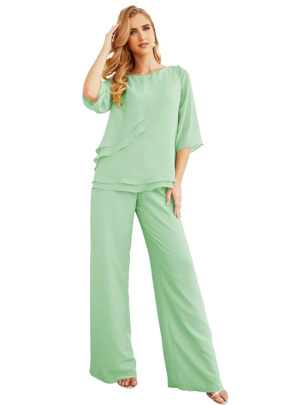 Sunnderly Elegant 2 Piece Mother of The Bride Dress Plus Size Pant Suits Ruffle Layers Sliver Housecoat SY28064