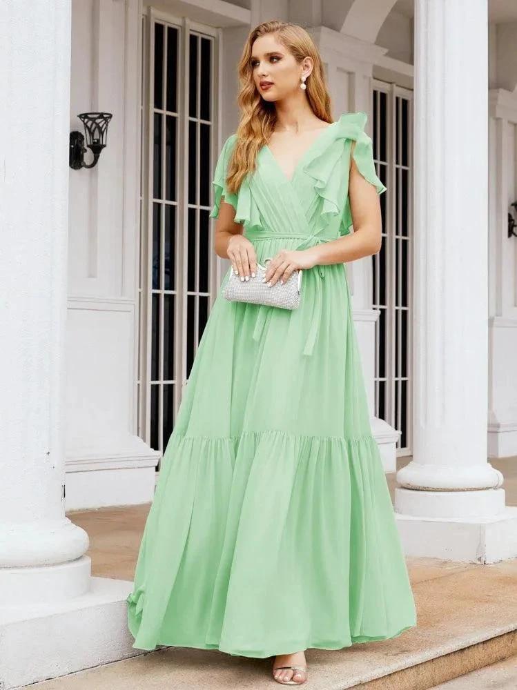 Numbersea Women's Open Back Formal Evening Party Prom Gowns V-Neck Long Chiffon Bridesmaid Dresses with Waist Belt 28038