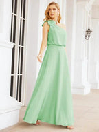 Numbersea Chiffon Ruffled One Shoulder Sleeveless Long Bride Dresses A-line Formal Evening Gown Side Split 28057