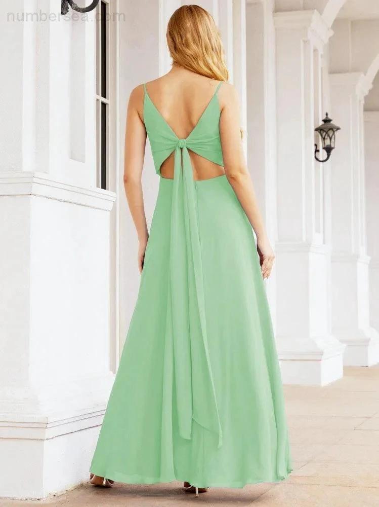 Numbersea Spaghetti Strap Bridesmaid Dresses V Neck Butterfly Back Fromal Evening Party Prom Gown 28036