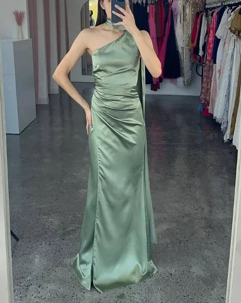 Elegant One Shoulder Hot Pink Satin Sheath Prom Dress Long Evening Dress Y8419