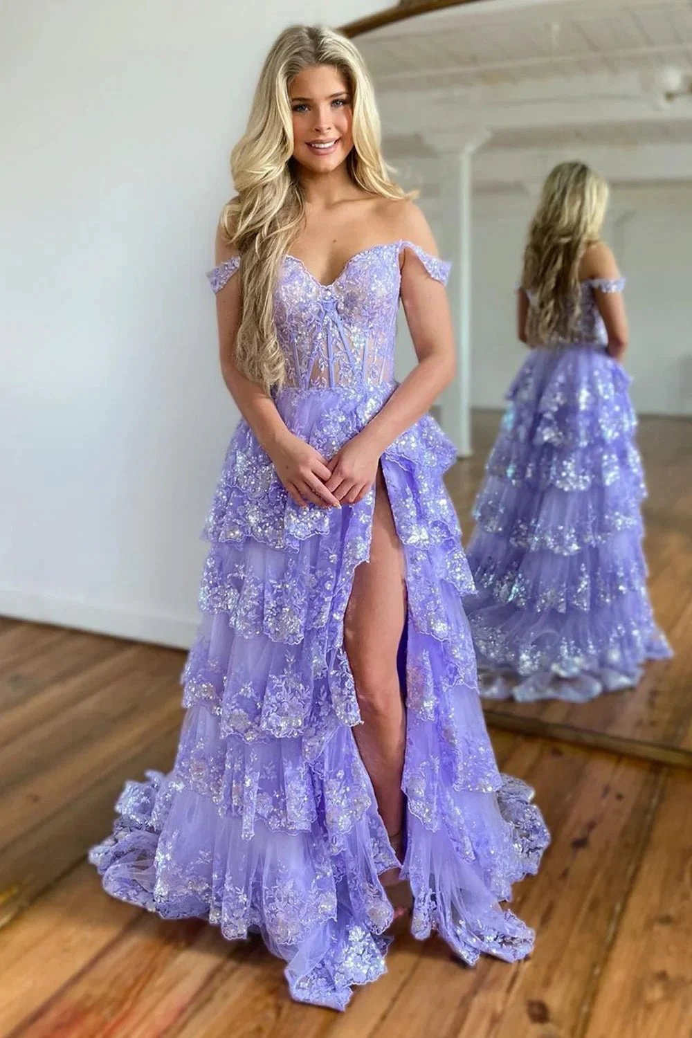 Princess A Line Off the Shoulder Corset Prom Dress with Lace Ruffles