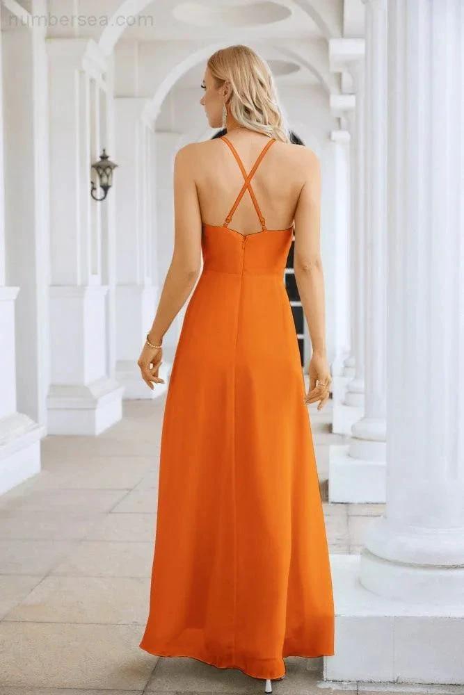 Ladies Chiffon Spaghetti Strap V Neck Front Slit Floor Length Bridesmaid Evening Dress Prom Party Wedding Evening Dress 28116