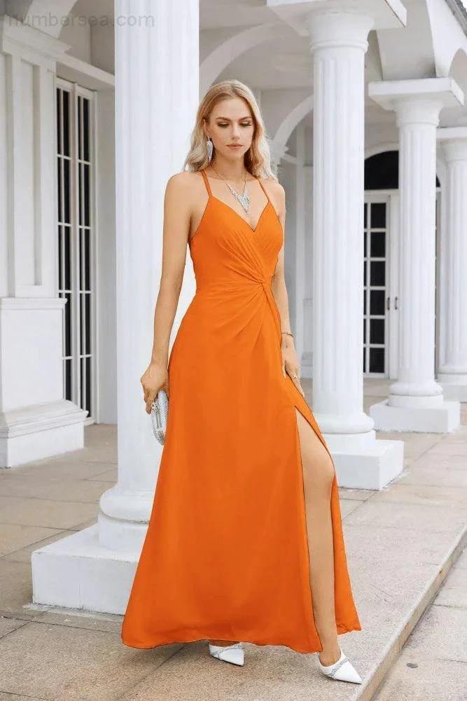 Ladies Chiffon Spaghetti Strap V Neck Front Slit Floor Length Bridesmaid Evening Dress Prom Party Wedding Evening Dress 28116