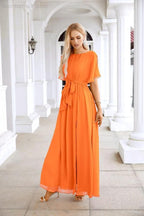 Ladies Chiffon Sleeve Crew Neck Front Slit Floor Length Bridesmaid Evening Dress Wedding Party Evening Dress 28124