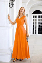 Ladies Chiffon V Neck Sleeveless Floor Length Bridesmaid Evening Dress Wedding Party Evening Dress 28126
