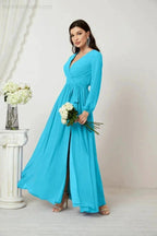 Sunnderly Evening Dresses Deep V-Neck Chiffon Bridesmaid Dresses Long Bishop Sleeve Side Split Formal Dress SY2806