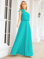 Numbersea Chiffon Ruffled One Shoulder Sleeveless Long Bride Dresses A-line Formal Evening Gown Side Split 28057
