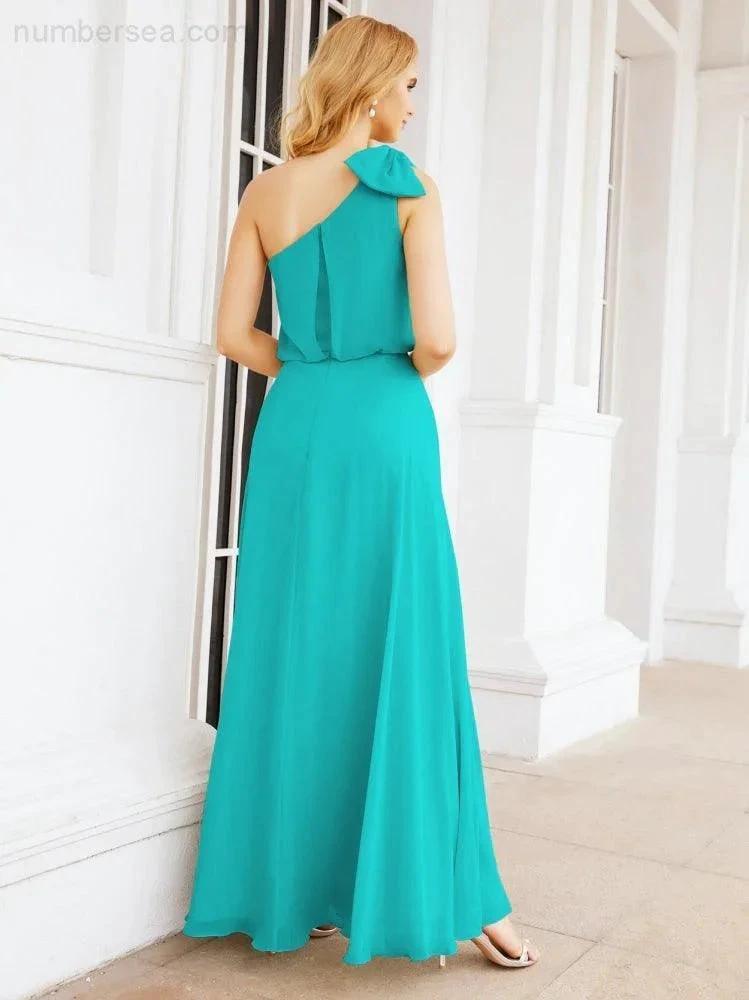 Numbersea Chiffon Ruffled One Shoulder Sleeveless Long Bride Dresses A-line Formal Evening Gown Side Split 28057