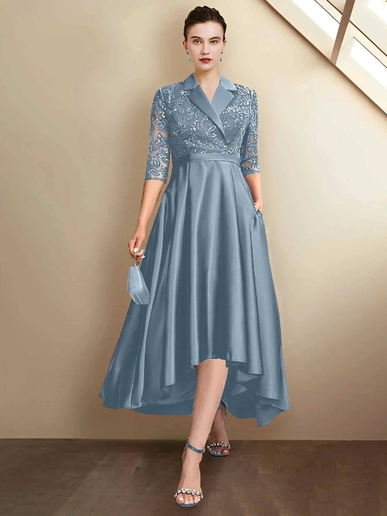 Sheath/Column V-Neck Tea-Length Mother of the Bride Dresses