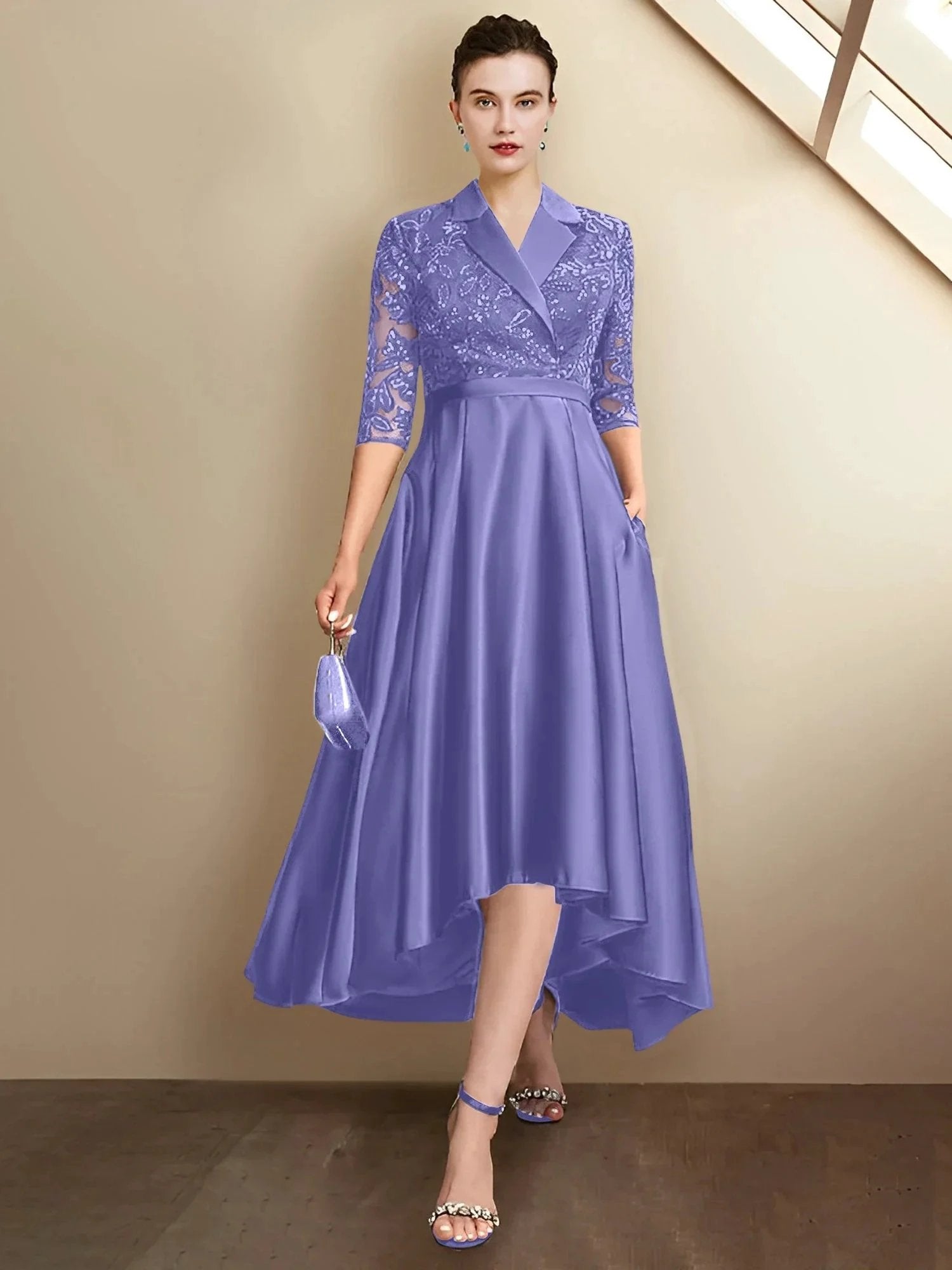 Sheath/Column V-Neck Tea-Length Mother of the Bride Dresses