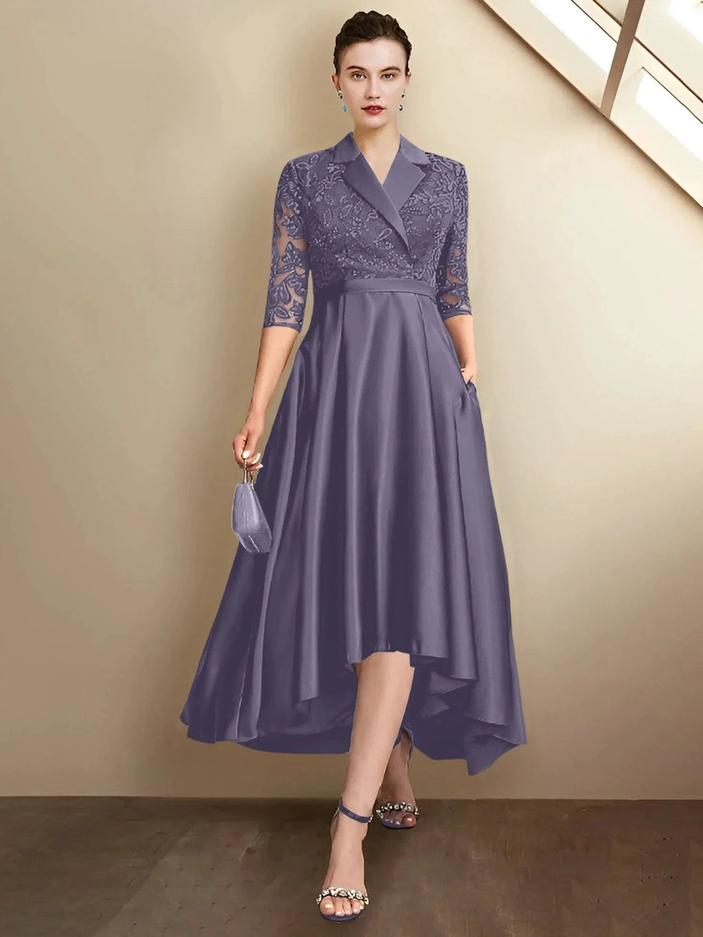 Sheath/Column V-Neck Tea-Length Mother of the Bride Dresses