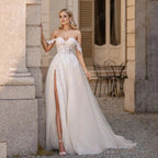 Light Champagne Pastrol Wedding Dresses Off Shoulder Sweetheart Bride Gowns Side Split A-Line Tulle Vestido De Novia