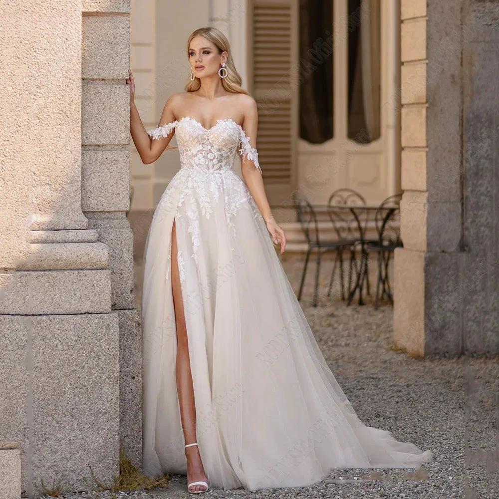 Light Champagne Pastrol Wedding Dresses Off Shoulder Sweetheart Bride Gowns Side Split A-Line Tulle Vestido De Novia