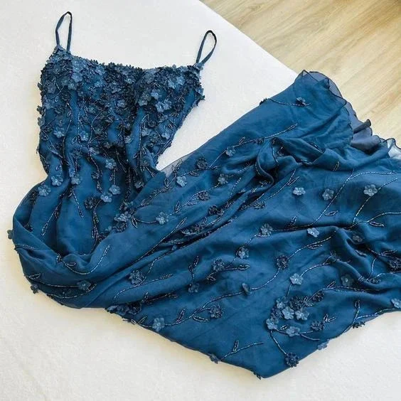 Vintage Navy Blue Spaghetti Straps Appliques Prom Dress Mermaid Birthday Outfits Evening Dress Y7456