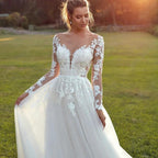 Pastrol Wedding Dresses For Woman Long Sleeves Illusion Back Scoop Bride Gowns Applique A-Line Tulle vestidos de novia
