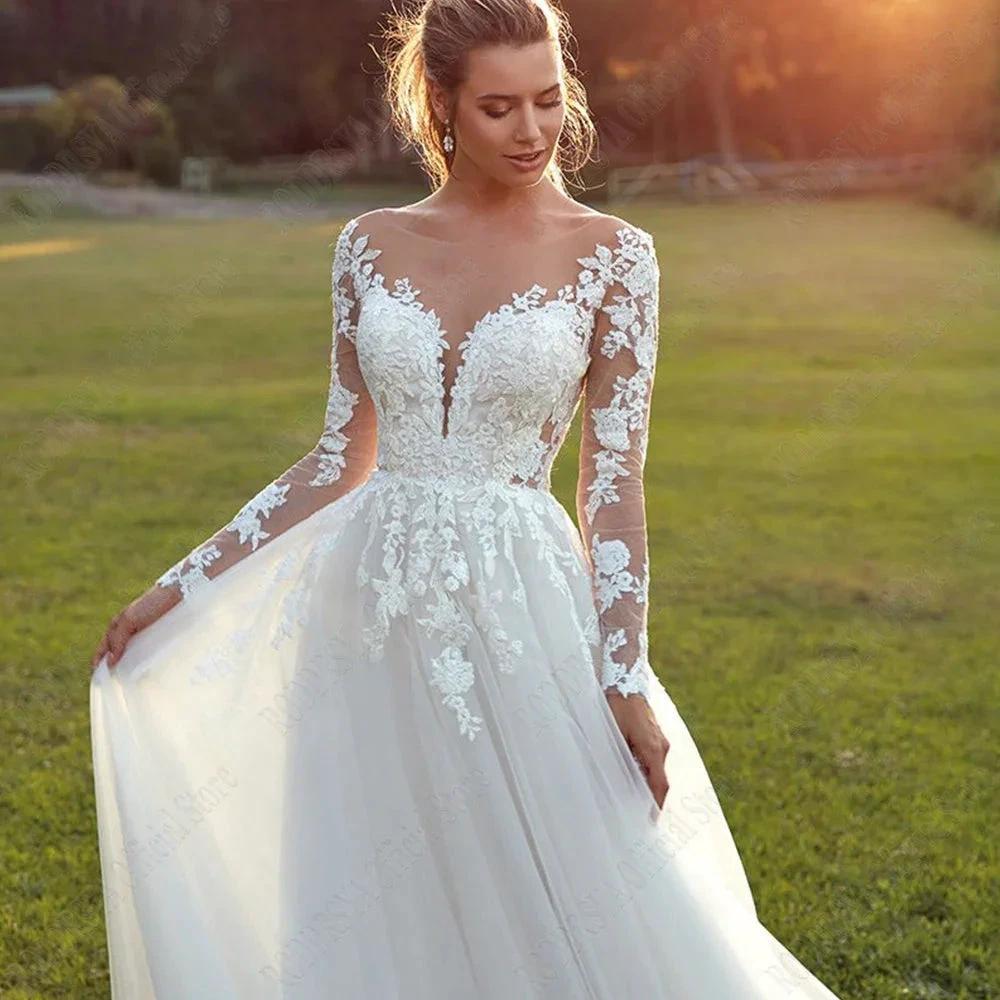 Pastrol Wedding Dresses For Woman Long Sleeves Illusion Back Scoop Bride Gowns Applique A-Line Tulle vestidos de novia