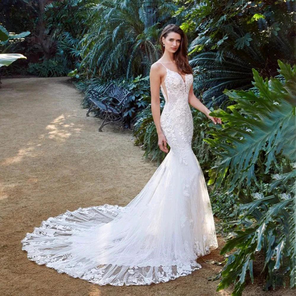 Charming V-neck Brides Wedding Dresses Mermaid Spaghetti Straps Lace Appliques Backless Suknia Slubna Made To Order