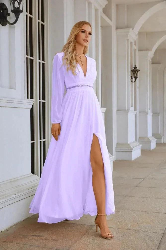Ladies V Neck Chiffon Long Sleeve Front Slit Bridesmaid Evening Dress Wedding Party Shopping Evening Dress 28109