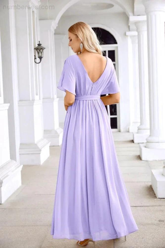 Ladies Chiffon Sleeve Crew Neck Front Slit Floor Length Bridesmaid Evening Dress Wedding Party Evening Dress 28124