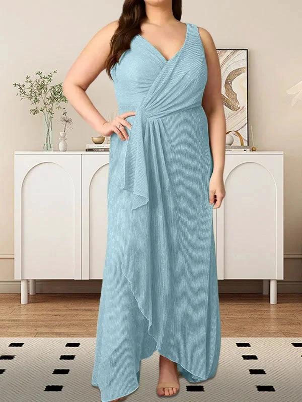 A-Line V-Neck Ruched Metallic Mesh Dress