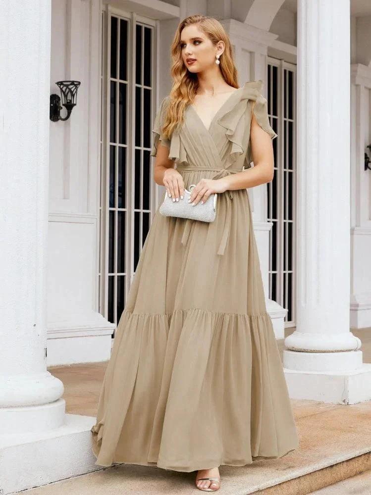 Numbersea Women's Open Back Formal Evening Party Prom Gowns V-Neck Long Chiffon Bridesmaid Dresses with Waist Belt 28038