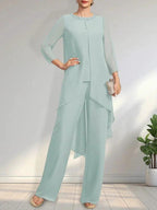 Separates Jumpsuit/Pantsuit Scoop Floor-Length Chiffon Mother of the Bride Dress With Sequins Beading