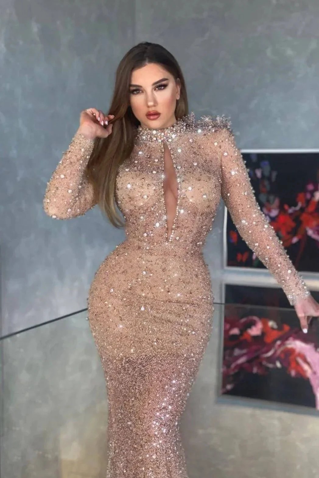 Long Mermaid High Neck Sequins Prom Dress with Sleeves