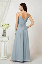 Numbersea Chiffon V-Neck Bridesmaid Dress Spaghetti Strap Long Formal Party Prom Gowns with Slit 28010