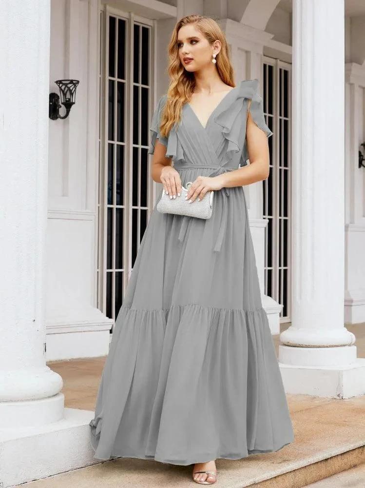 Numbersea Women's Open Back Formal Evening Party Prom Gowns V-Neck Long Chiffon Bridesmaid Dresses with Waist Belt 28038