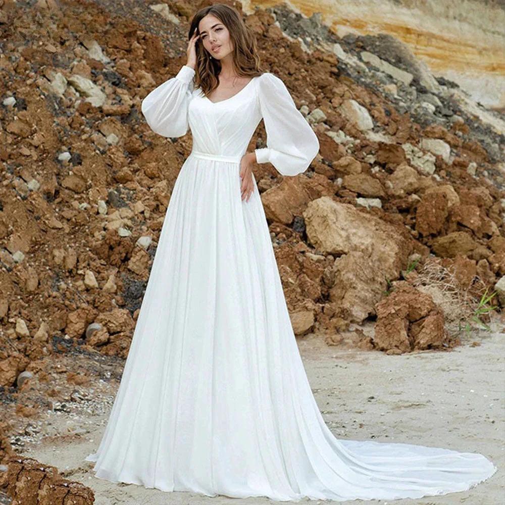 Puff Sleeve Wedding Dresses Women Vestido De Novia Long Chiffon Elegant V-Neck A-Line Backless Bridal Gown Robe Mariée