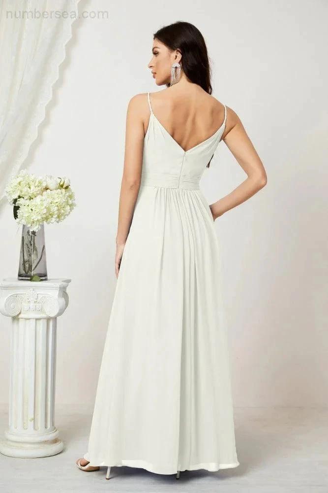 Numbersea Chiffon V-Neck Bridesmaid Dress Spaghetti Strap Long Formal Party Prom Gowns with Slit 28010