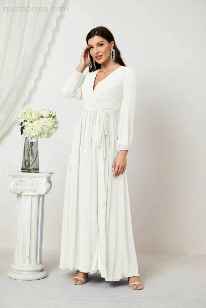 Sunnderly Evening Dresses Deep V-Neck Chiffon Bridesmaid Dresses Long Bishop Sleeve Side Split Formal Dress SY2806