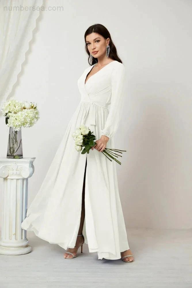 Sunnderly Evening Dresses Deep V-Neck Chiffon Bridesmaid Dresses Long Bishop Sleeve Side Split Formal Dress SY2806