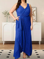 A-Line V-Neck Ruched Metallic Mesh Dress