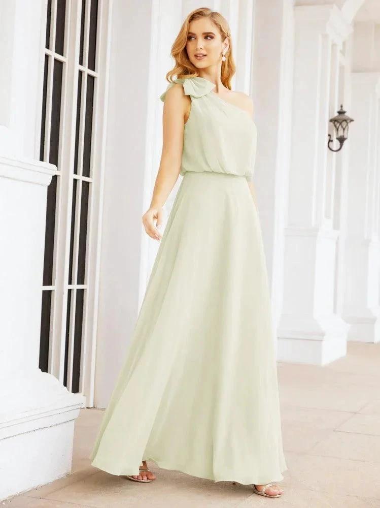 Numbersea Chiffon Ruffled One Shoulder Sleeveless Long Bride Dresses A-line Formal Evening Gown Side Split 28057