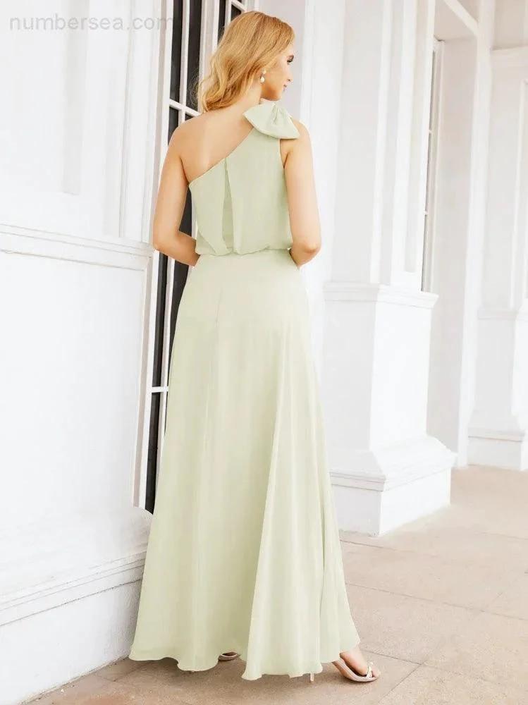 Numbersea Chiffon Ruffled One Shoulder Sleeveless Long Bride Dresses A-line Formal Evening Gown Side Split 28057