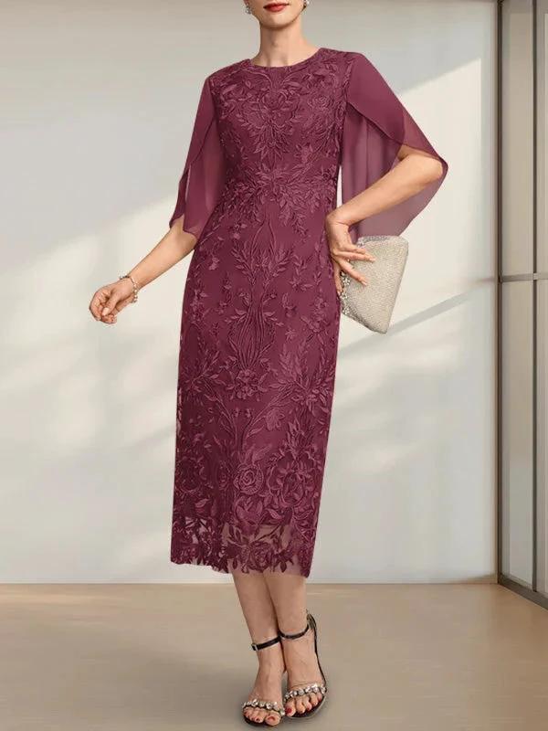 Sheath/Column Scoop Tea-Length Lace Chiffon Mother of the Bride Dress